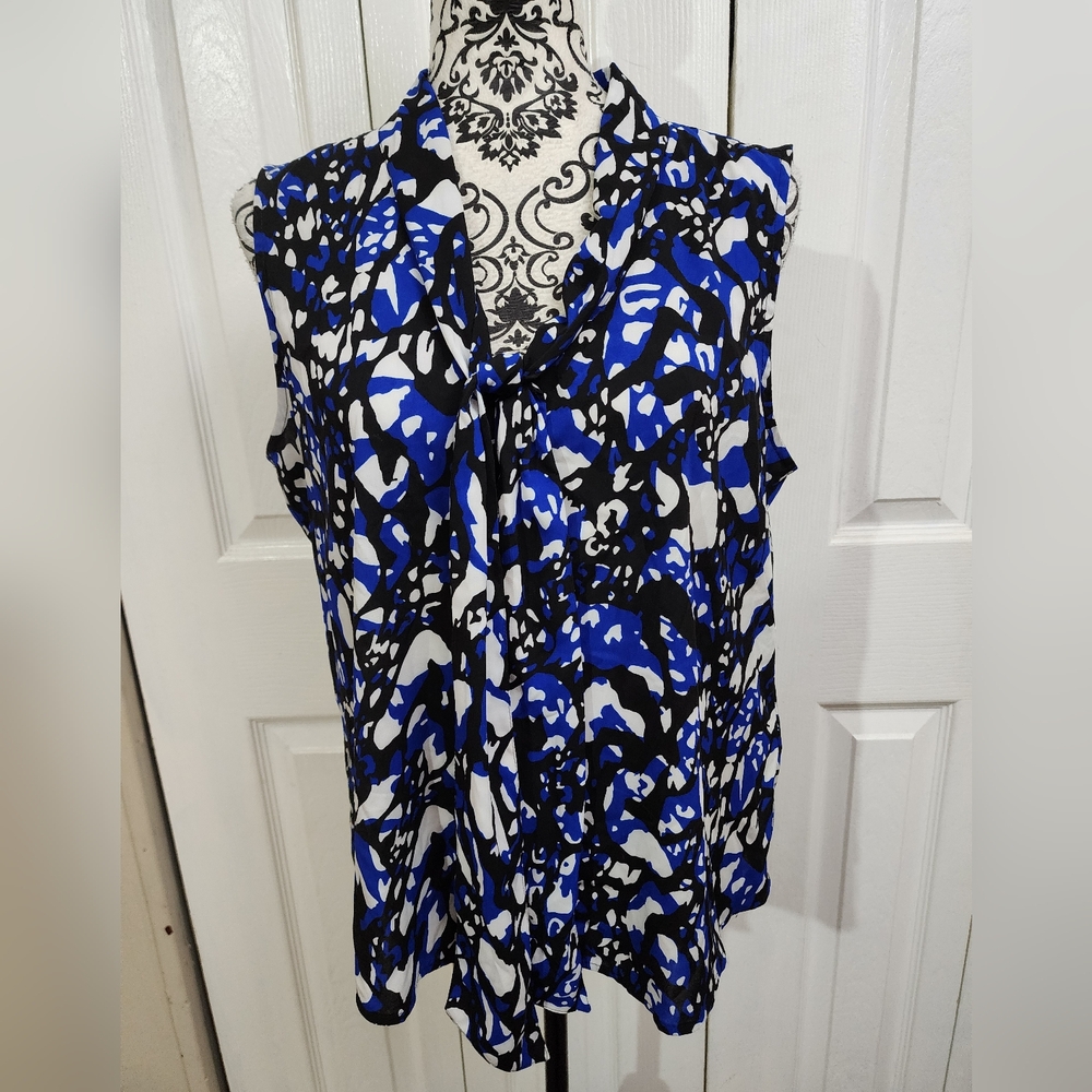 Calvin Klein Blue, Black & White Geometric Print Button Down Tie Neck Top